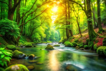 Obraz premium Watercolor River Forest Scene, Tilt-Shift Miniature Landscape Photography, Dreamy Nature Painting