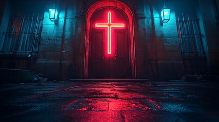 Glowing Neon Cross Over Cathedral Doorway Blending Modern and Timeless Spirituality