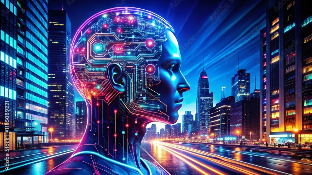 Aufkleber night photography of a futuristic circuit head illuminated by neon lights in an urban environment, s