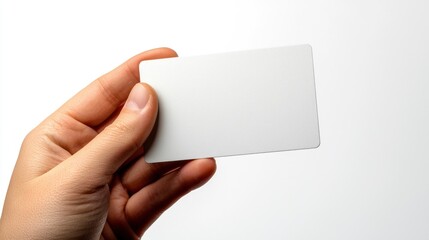 Obraz premium A graceful hand holds a blank silver credit card, capturing a moment of tranquil elegance against a soft, neutral background, inviting thoughts of possibilities