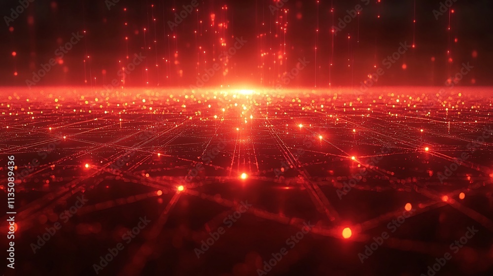 Poster glowing data network with red fraud indicator symbolizing analytics power in fraud detection