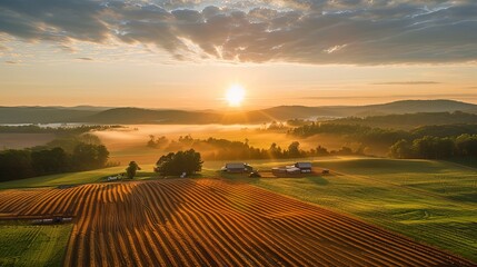 Obraz premium Sunrise over Farmland, Rolling Hills, and Misty Valley in Rural America
