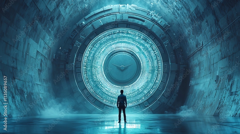 Poster digital security guard protecting encrypted data vault from hacker