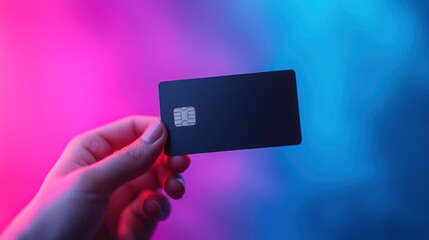 A hand grips a modern matte black credit card, set against an artistic backdrop of glowing blue and pink hues, evoking a sense of stylish sophistication