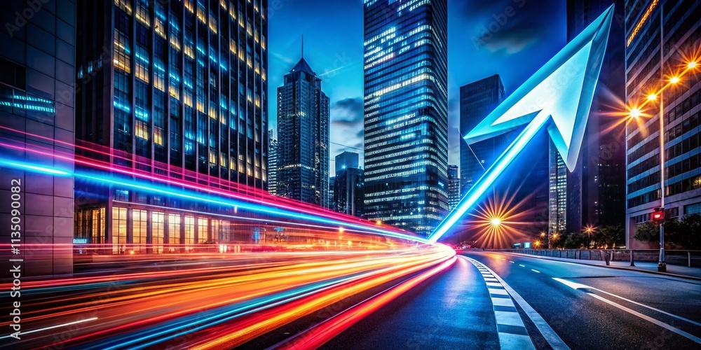 Poster night photography of a modern arrow in motion from right to left, showcasing dynamic shape transitio