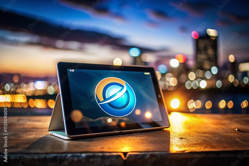 Poster night photography of a modern tablet displaying a new browser symbol next to a classic computer scre
