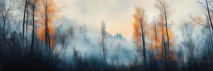 Foggy Mountain Forest with Abstract Landscape in Soft Light