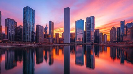 Obraz premium Urban sunrise reflections, glass buildings in a city reflecting the sunrise colors, adding depth to the cityscape