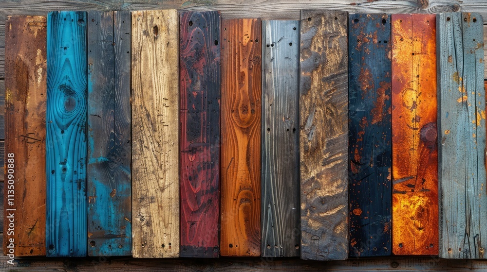 Poster a collection of colorful wooden planks arranged in a visually appealing pattern.