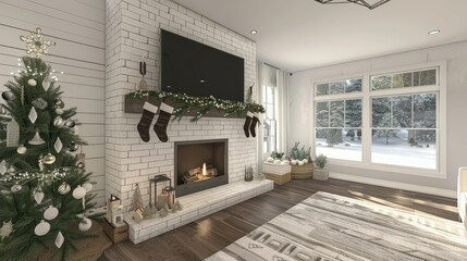 White brick fireplace with a Christmas tree and stockings