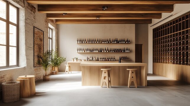 Modern wine bar interior with wooden counters, shelves, and wine bottles.