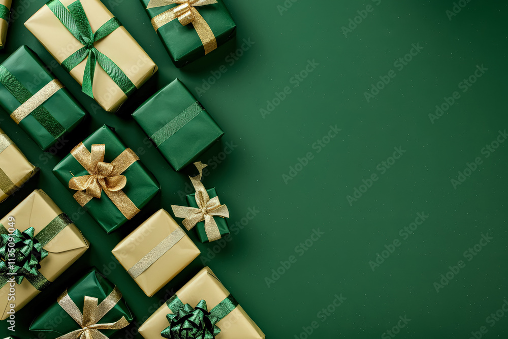 Poster green background with a row of gold and green boxes with bows on top