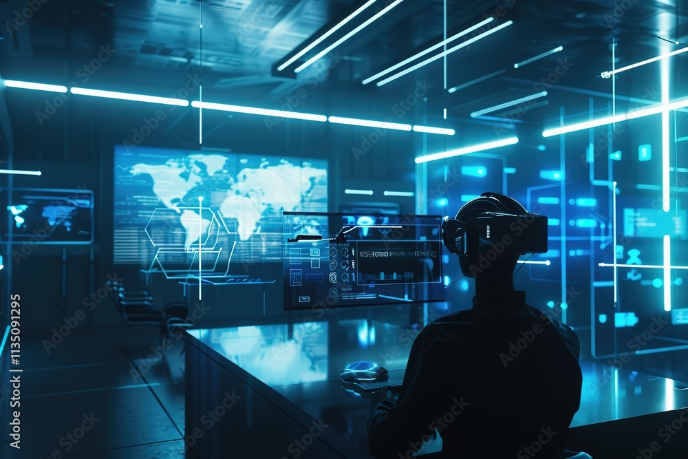 Poster man is sitting at a desk in front of a computer monitor