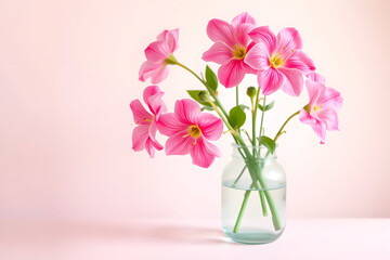 Fototapeta premium Vase with pink flowers on an empty pastel background, representing spring and the season's vibrant colors. A bouquet of pink flowers in a clear glass vase against a soft pink background.