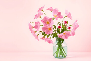 Vase with pink flowers on an empty pastel background, representing spring and the season's vibrant colors. A bouquet of pink flowers in a clear glass vase against a soft pink background.