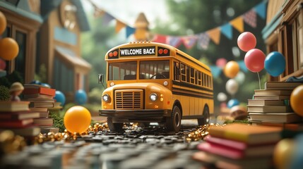 A cheerful yellow school bus welcomes students back, surrounded by colorful balloons, books, and festive decorations in a vibrant, playful setting.