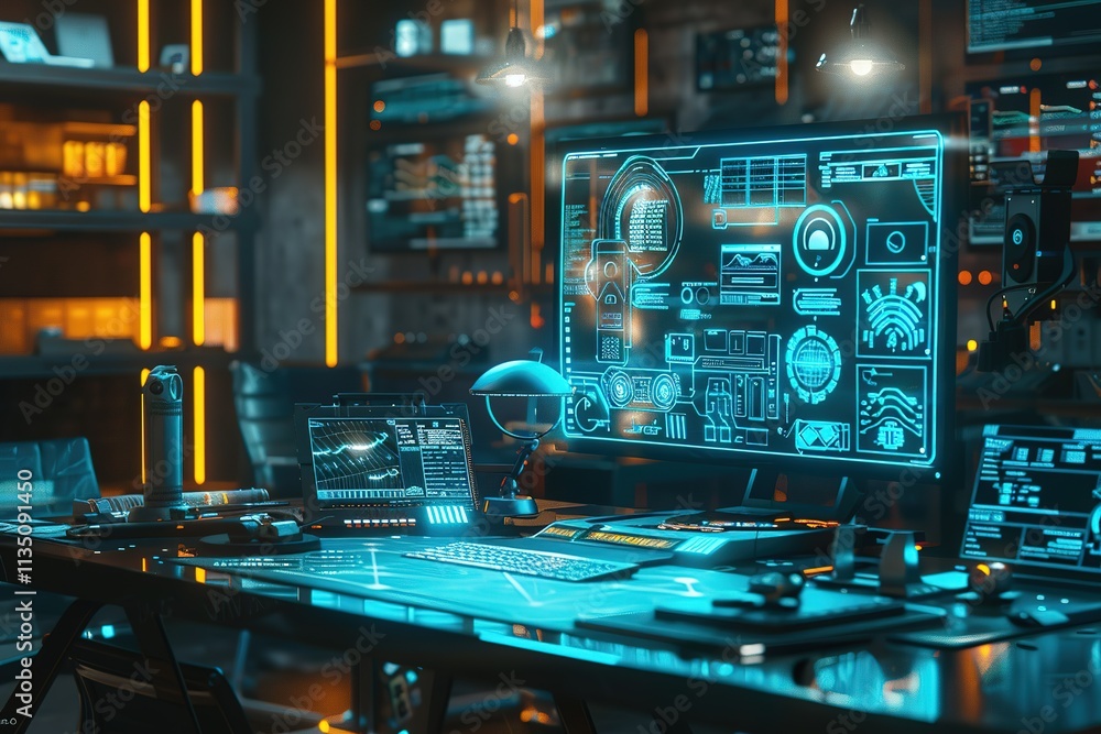 Poster computer monitor displays a futuristic scene with a robot and a keyboard