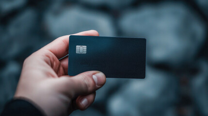 A confident grip on a navy-blue credit card captures a moment of modern financial engagement amidst a textured stone backdrop, suggesting urban life