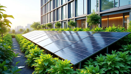 A modern building with solar panels integrated into a rooftop garden. The lush greenery contrasts with the sleek solar panels, promoting renewable energy and sustainable architecture