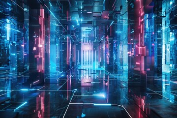 Futuristic cityscape with neon lights and reflections on the floor