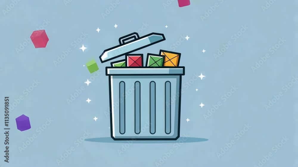Poster recycle bin icon a simple rounded pixel art trash can with a light blue and grey gradient. the lid i