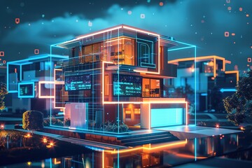 Obraz premium Futuristic house with a blue and orange exterior