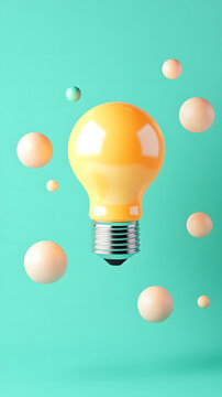 A Vibrant Yellow Light Bulb Surrounded by Floating Bubbles on a Teal Background, Perfect for Creative Inspiration.