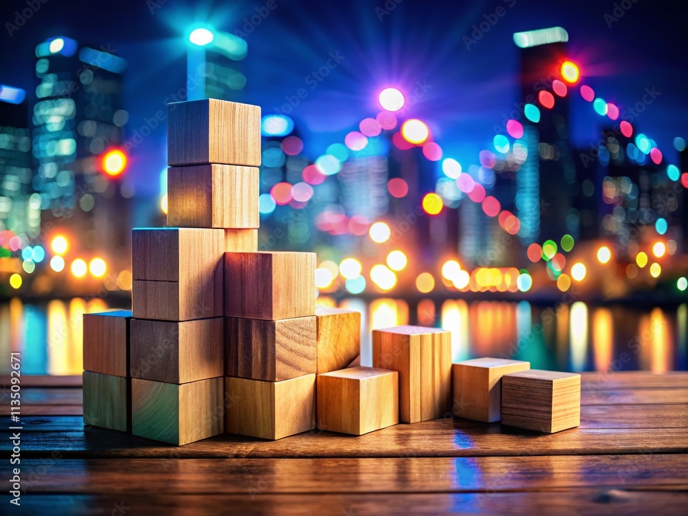 Poster night photography of dynamic wooden blocks creating a spectrum background with a futuristic ai finan
