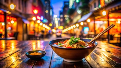 Night Photography of Delicious Thai Noodle Soup in a Vibrant Street Food Setting, Showcasing Rich Colors and Textures with Ambient City Lights and Steam Rising from the Bowl