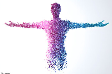 Abstract human figure dissolving into particles, symbolizing transformation, freedom, and digital evolution, perfect for themes of innovation, technology, and artistic representation