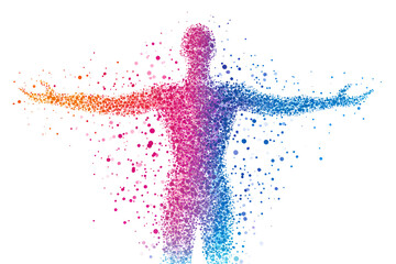 Abstract human silhouette in vibrant gradient particles, symbolizing energy, transformation, creativity, freedom, wellness, and digital innovation, ideal for modern designs
