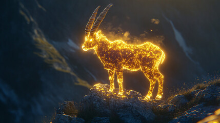 Fototapeta premium A glowing mountaineering icon featuring a glowing ibex, representing online platforms for studying climbing techniques in wildlife. 