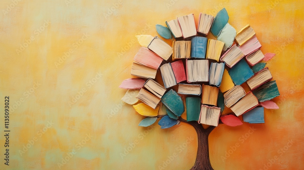 Poster a symbolic and artistic rendering of a tree made of books, with colorful leaves set against a warm-t
