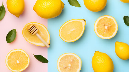 Fototapeta premium A Bright and Cheerful Collage of Juicy Lemons and Green Leaves on a Dual-Tone Background Perfect for Refreshing Recipes or Decor.