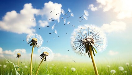 Dandelions With Wind In Field - Seeds Blowing Away Blue Sky 