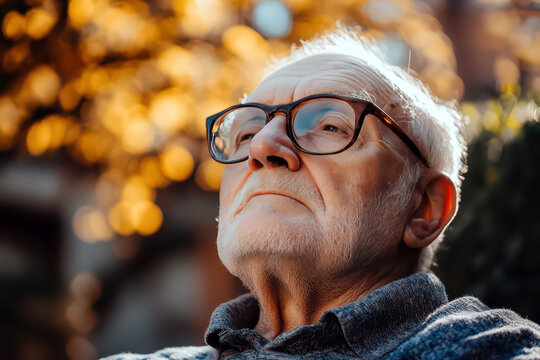 Reflective senior man outdoors. World Parkinson's day. Old person symbolizing brain dysfunction. Degenerative disorder. World Alzheimer's Day. Brain dysfunction, degenerative disorder - Powered by Adobe