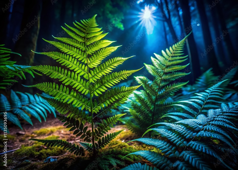 Poster night photography of lush ferns from above, capturing the intricate patterns and textures of nature 