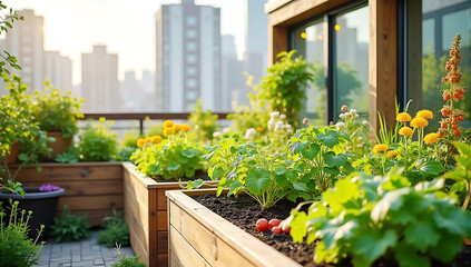 A vibrant urban rooftop garden with raised wooden planter boxes filled with vegetables, herbs, and flowers. A rainwater irrigation system and solar lighting highlight the sustainable features.