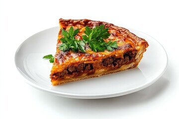 A slice of traditional French-Canadian tourtiÃ¨re meat pie served on a clean white plate.