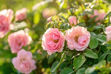 Pink roses blooming in a lush green garden during sunlight.