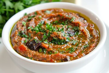 A bowl of Moroccan zaalouk (eggplant and tomato dip) garnished with parsley and olive oil.