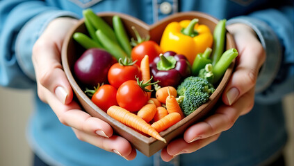 close up of female hands holding nutritional vegetables in Heart-shaped bowl, colorful vegetables, healthy eating