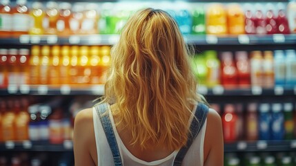 Woman choosing drinks in supermarket aisle.