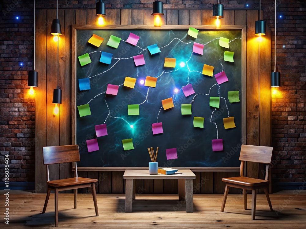 Poster nighttime photography of a blackboard with sticky notes and lightning drawings illuminated by soft l