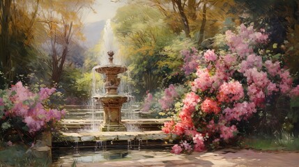 A serene and picturesque garden scene featuring a beautifully designed stone fountain at the center, surrounded by lush greenery and vibrant blooming flowers. The fountain's water gently cascades down