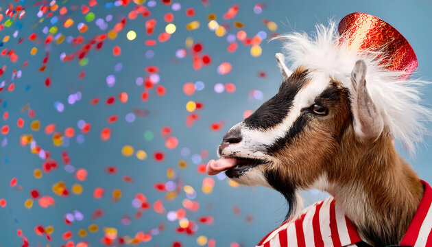 gei&szlig;bock, tier, karneval, hennes, k&ouml;lle, alaaf, k&ouml;ln, neu, per&uuml;cke, kost&uuml;m, werbetafel, rosenmontag, weiberfastnacht, feiern, textfreiraum, gestalten, banner, webefl&auml;che, werbung, karte, konfetti, mit