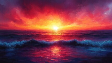 Obraz premium A vibrant sunset over the ocean, with colorful clouds reflecting on the water's surface.