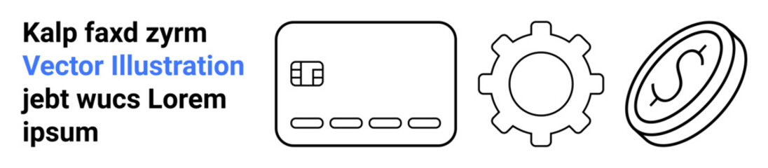 Obraz premium Credit card with chip, gear, and dollar coin icons. Placeholder text on the left. Ideal for financial services, fintech, app development, automation, digital transactions online banking