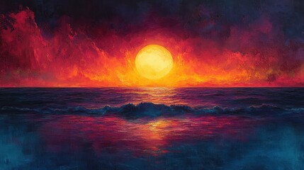 A vibrant sunset over the ocean, with dramatic clouds and reflective waves.