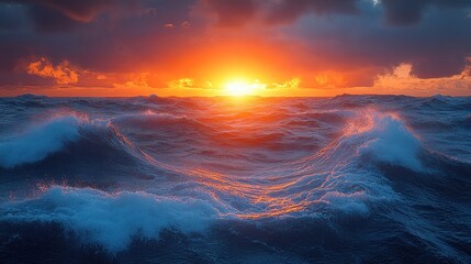 Fototapeta premium A vibrant sunset over turbulent ocean waves, capturing nature's beauty and serenity.